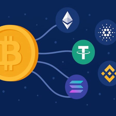 Ilustración de criptomonedas como Bitcoin, Ethereum y Cardano sobre un fondo de blockchain.
