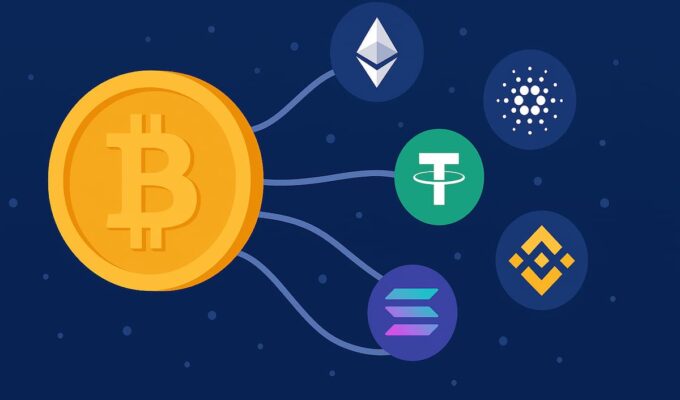 Ilustración de criptomonedas como Bitcoin, Ethereum y Cardano sobre un fondo de blockchain.