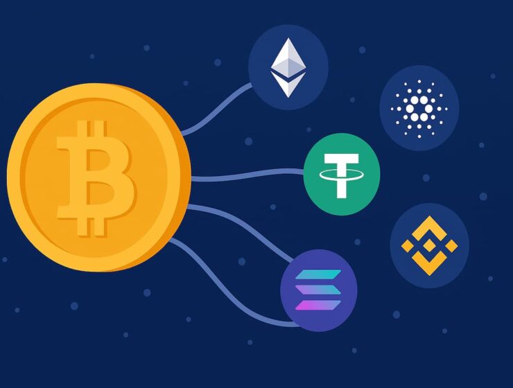 Ilustración de criptomonedas como Bitcoin, Ethereum y Cardano sobre un fondo de blockchain.