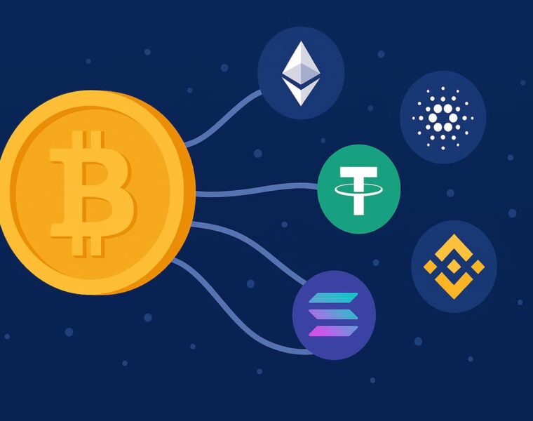 Ilustración de criptomonedas como Bitcoin, Ethereum y Cardano sobre un fondo de blockchain.