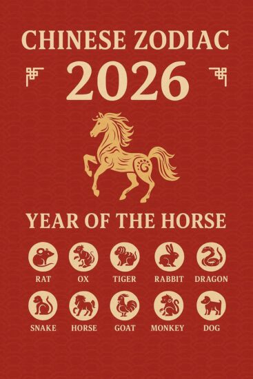 Ilustración del horóscopo chino 2026 con un caballo dorado sobre fondo rojo, símbolo del Año del Caballo de Fuego.