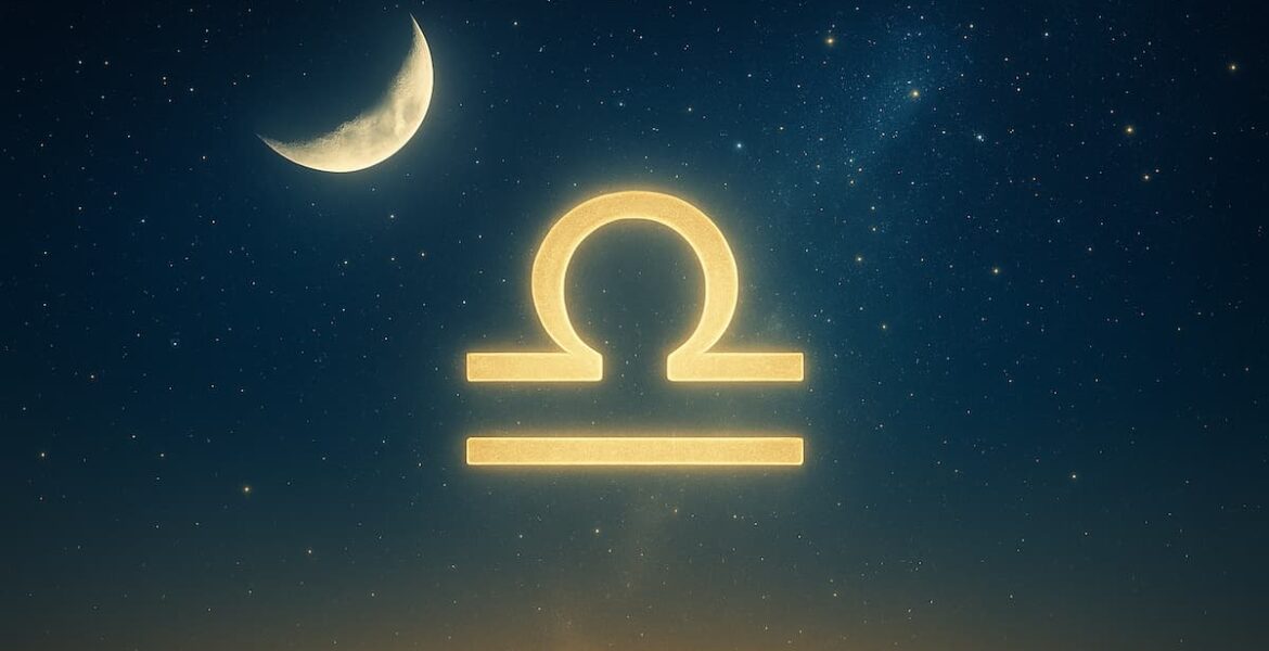 Cielo estrellado con símbolo de Libra iluminado por la Luna Nueva, representando equilibrio y armonía.