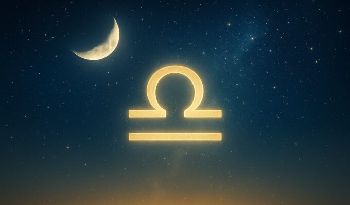 Cielo estrellado con símbolo de Libra iluminado por la Luna Nueva, representando equilibrio y armonía.