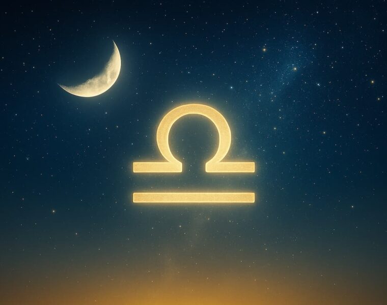 Cielo estrellado con símbolo de Libra iluminado por la Luna Nueva, representando equilibrio y armonía.