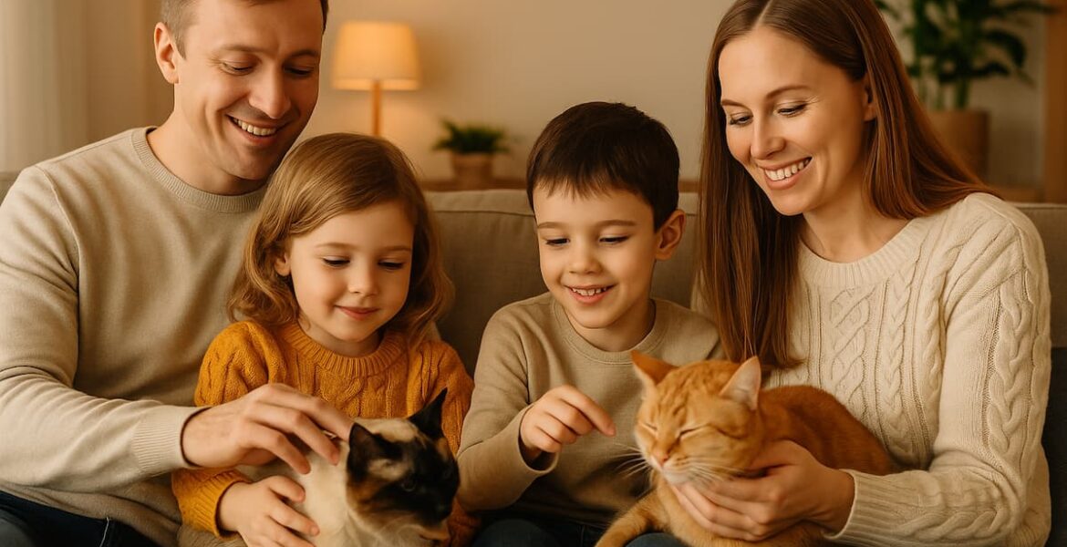 Familia sonriente acariciando a dos gatos en casa, en un ambiente cálido y tranquilo.