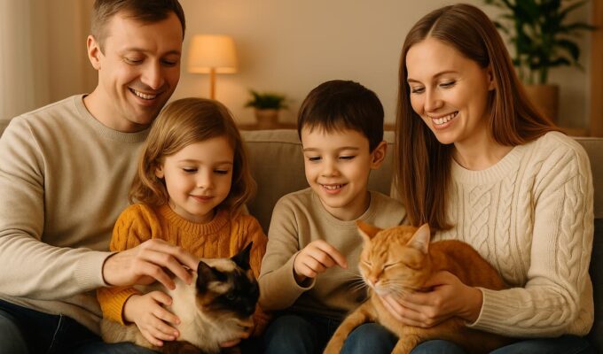 Familia sonriente acariciando a dos gatos en casa, en un ambiente cálido y tranquilo.