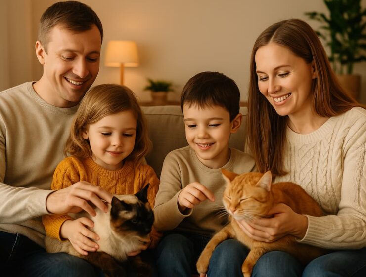 Los gatos ayudan a reducir el estrés y mejoran tu bienestar emocional 5 Familia sonriente acariciando a dos gatos en casa, en un ambiente cálido y tranquilo.