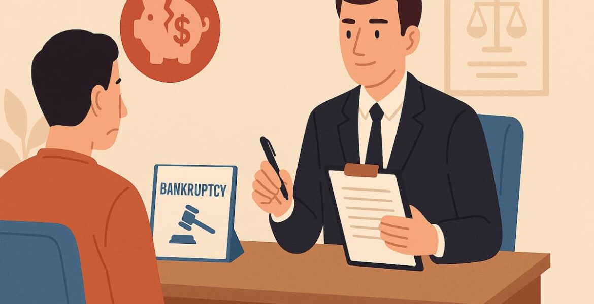 Abogado de bancarrota asesorando a un cliente en Estados Unidos, con documentos legales sobre la mesa.
