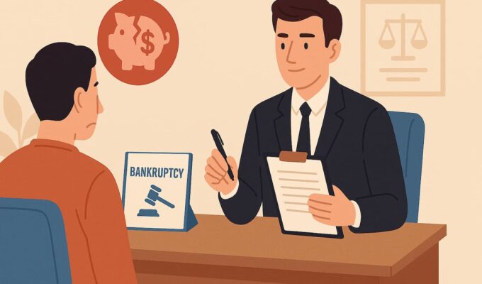 Abogado de bancarrota asesorando a un cliente en Estados Unidos, con documentos legales sobre la mesa.