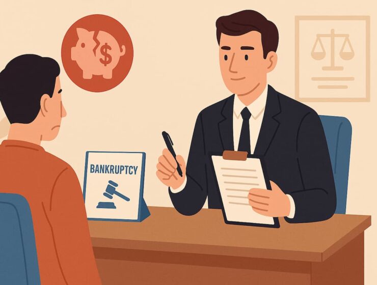 Abogado de bancarrota asesorando a un cliente en Estados Unidos, con documentos legales sobre la mesa.