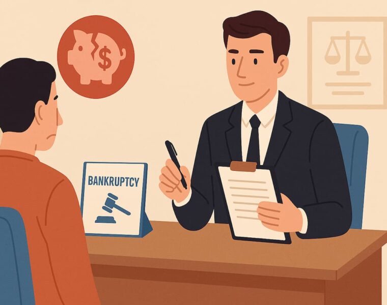 Abogado de bancarrota asesorando a un cliente en Estados Unidos, con documentos legales sobre la mesa.