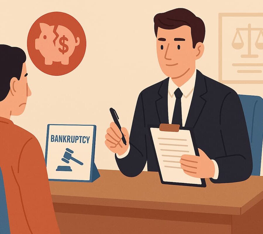 Abogado de bancarrota asesorando a un cliente en Estados Unidos, con documentos legales sobre la mesa.