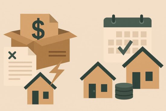 Representación abstracta de la crisis financiera y la bancarrota con íconos legales y de dinero.