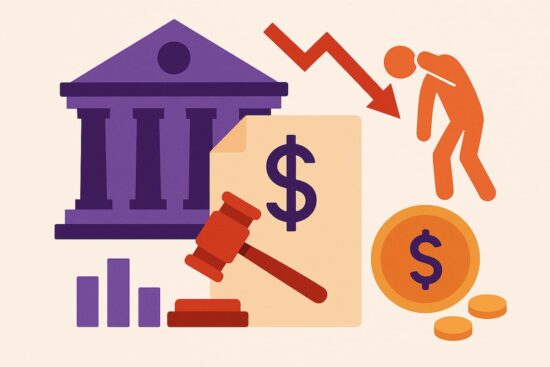 Ilustración conceptual sobre bancarrota en Estados Unidos con símbolos financieros y legales.