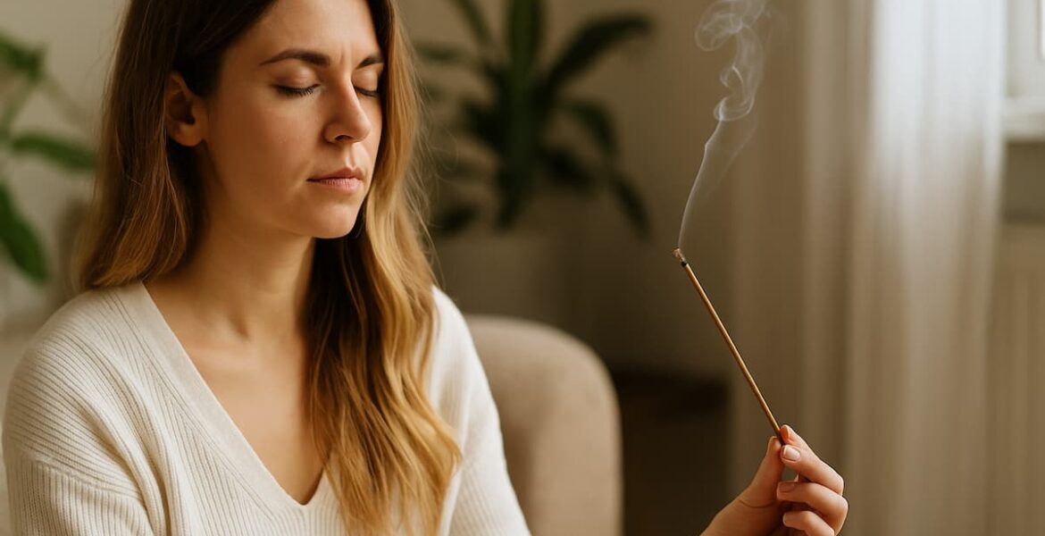 Mujer relajándose mientras limpia su energía con incienso en un ambiente cálido y natural.