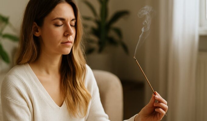 Mujer relajándose mientras limpia su energía con incienso en un ambiente cálido y natural.