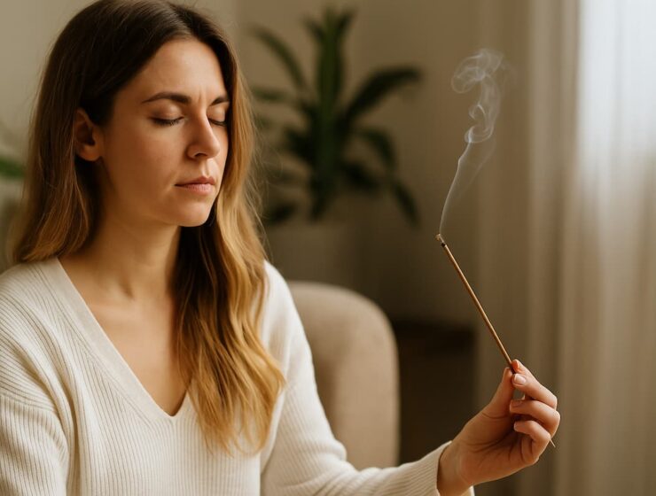 Mujer relajándose mientras limpia su energía con incienso en un ambiente cálido y natural.