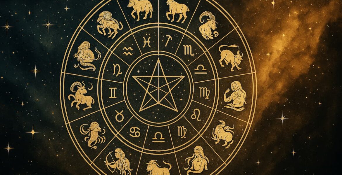 Rueda zodiacal con los doce signos del zodiaco representando el año astrológico 2026 sobre un fondo cósmico azul y dorado.