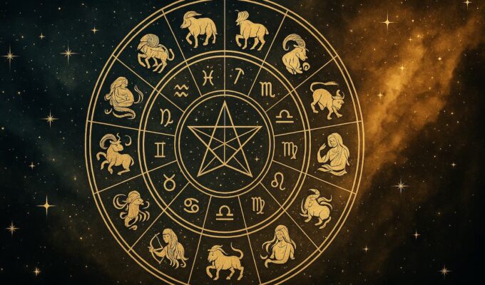 Rueda zodiacal con los doce signos del zodiaco representando el año astrológico 2026 sobre un fondo cósmico azul y dorado.