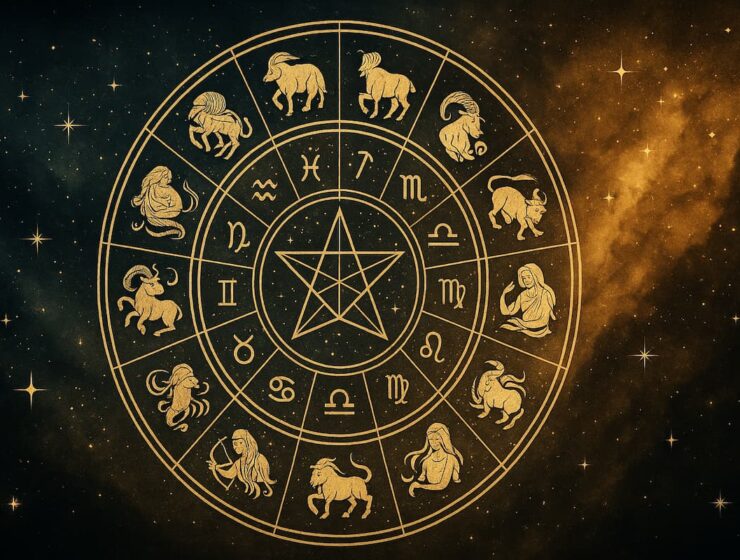 Rueda zodiacal con los doce signos del zodiaco representando el año astrológico 2026 sobre un fondo cósmico azul y dorado.