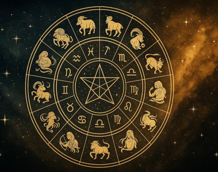 Rueda zodiacal con los doce signos del zodiaco representando el año astrológico 2026 sobre un fondo cósmico azul y dorado.