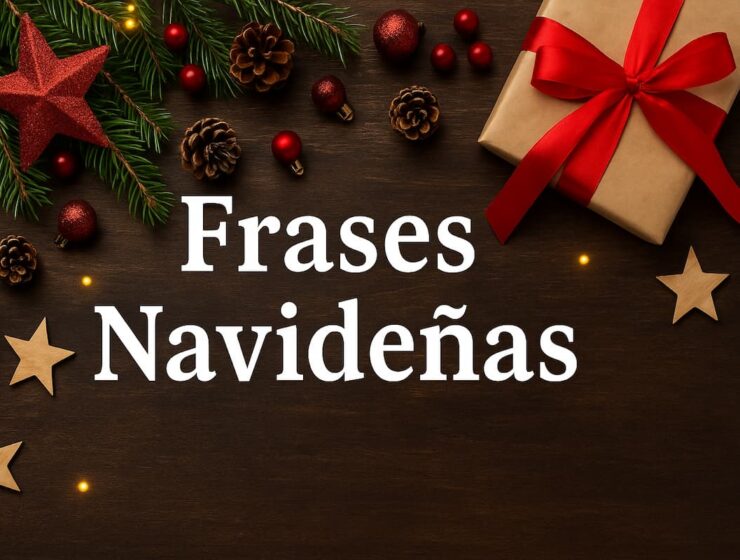 Fondo navideño con ramas de pino, adornos rojos, piñas y un regalo con moño rojo junto al texto “Frases Navideñas”.