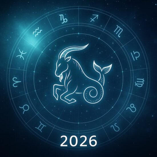 Ilustración astrológica del signo Capricornio 2026 con tonos tierra y dorados, símbolo de la cabra y fondo cósmico brillante.
