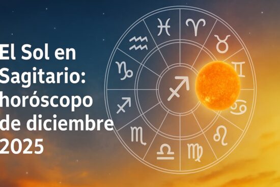 El Sol en Sagitario ilumina diciembre 2025 con energía expansiva y optimista, símbolo zodiacal sobre cielo estrellado.