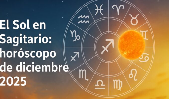 El Sol en Sagitario ilumina diciembre 2025 con energía expansiva y optimista, símbolo zodiacal sobre cielo estrellado.