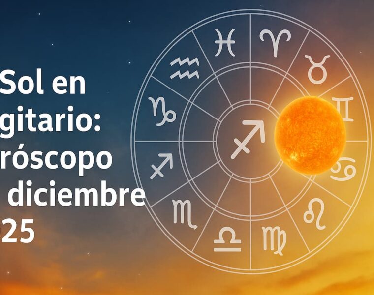 El Sol en Sagitario ilumina diciembre 2025 con energía expansiva y optimista, símbolo zodiacal sobre cielo estrellado.