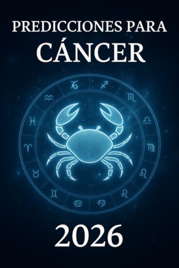 Ilustración astrológica del signo Cáncer 2026, con tonos azules y verdes, símbolo del cangrejo y fondo cósmico luminoso.