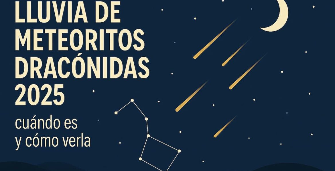 Ilustración de cielo nocturno con meteoros dorados y luna creciente, representando la lluvia de meteoritos Dracónidas 2025.