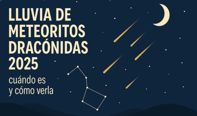 Ilustración de cielo nocturno con meteoros dorados y luna creciente, representando la lluvia de meteoritos Dracónidas 2025.