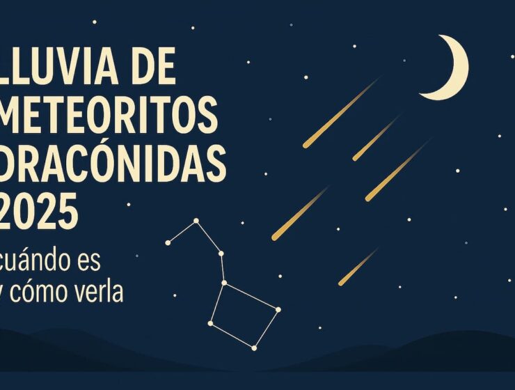 Ilustración de cielo nocturno con meteoros dorados y luna creciente, representando la lluvia de meteoritos Dracónidas 2025.