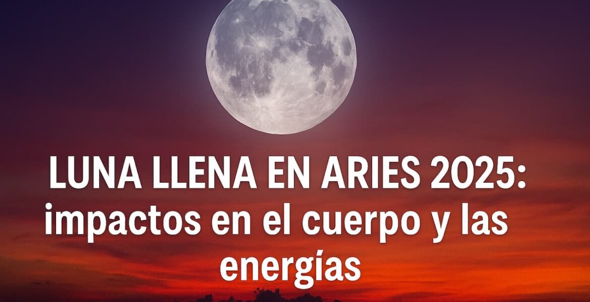 Ilustración mística de la Luna Llena en Aries 2025 con símbolo de Aries en tonos rojos y dorados.
