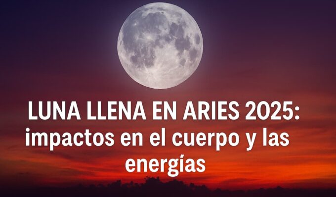 Ilustración mística de la Luna Llena en Aries 2025 con símbolo de Aries en tonos rojos y dorados.