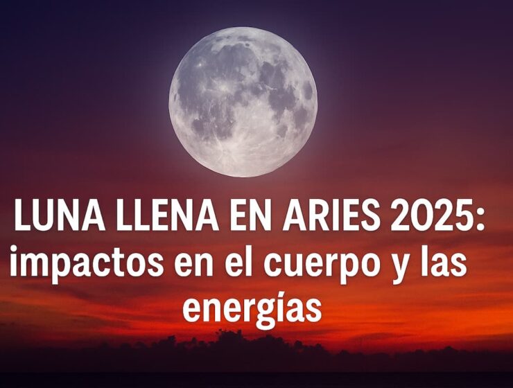 Ilustración mística de la Luna Llena en Aries 2025 con símbolo de Aries en tonos rojos y dorados.
