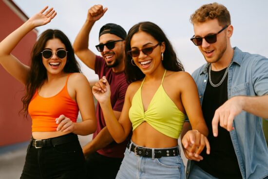 Jóvenes bailando reggaetón en una fiesta con luces de colores y ambiente latino, símbolo de la energía y alegría de las playlists más populares de 2025.