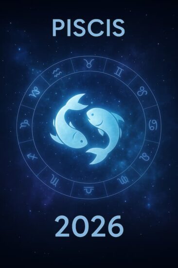 Ilustración astrológica del signo Piscis 2026, con tonos violetas y turquesa, símbolo de los dos peces y fondo cósmico brillante.