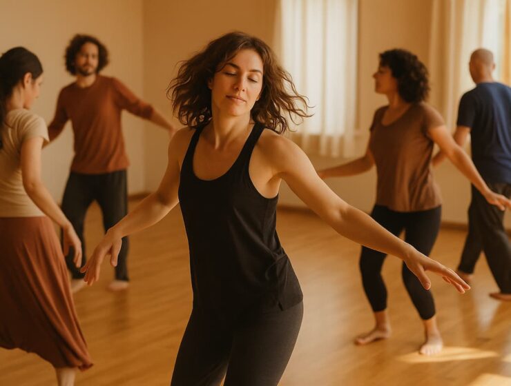 Personas bailando libremente en un estudio con luz cálida, representando la práctica de los 5 Ritmos.