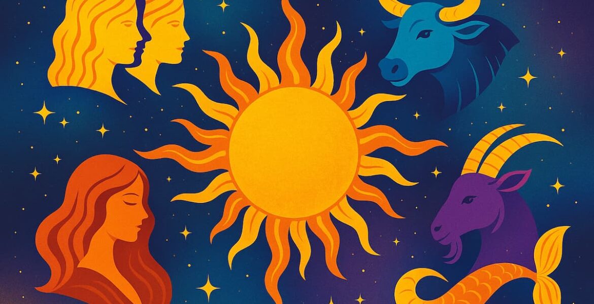 Ilustración colorida del zodiaco occidental con el sol y signos afortunados del 2026, rodeados de estrellas y constelaciones.