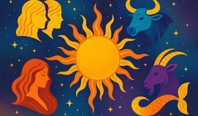 Ilustración colorida del zodiaco occidental con el sol y signos afortunados del 2026, rodeados de estrellas y constelaciones.