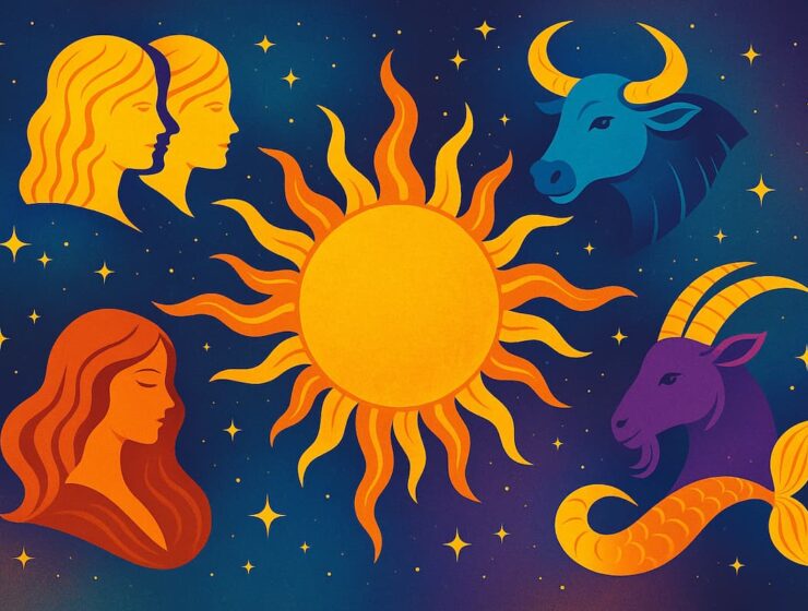 Los signos más afortunados del horóscopo 2026 (y los menos) 10 Ilustración colorida del zodiaco occidental con el sol y signos afortunados del 2026, rodeados de estrellas y constelaciones.