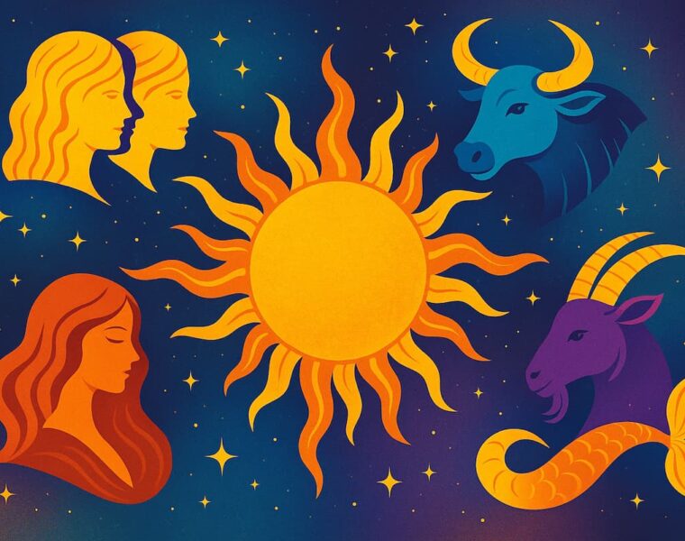 Ilustración colorida del zodiaco occidental con el sol y signos afortunados del 2026, rodeados de estrellas y constelaciones.