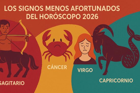 lustración horizontal con diseño moderno y fondo multicolor que muestra los signos zodiacales menos afortunados en 2026.