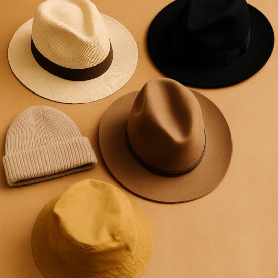 Fotografía editorial con diferentes tipos de sombreros modernos, como Panamá, Fedora, Trilby y de ala ancha, sobre fondo cálido y natural.