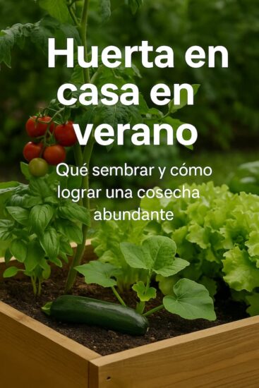 Huerta casera en verano, con tomates, lechugas y zapallito, más el texto “Huerta en casa en verano: qué sembrar y cómo lograr una cosecha abundante”.