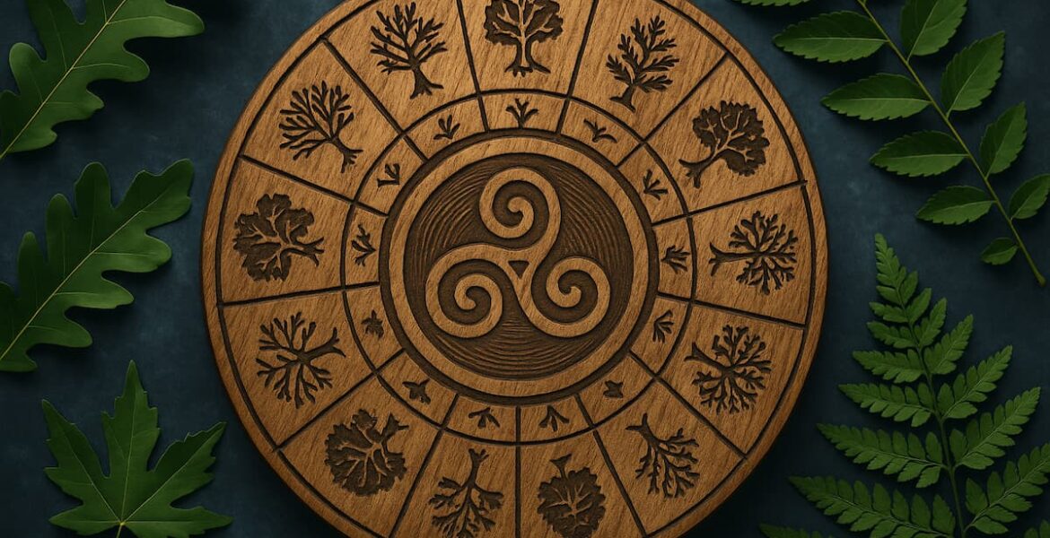 Ilustración vertical con símbolos de astrología celta y un fondo natural en tonos verdes.