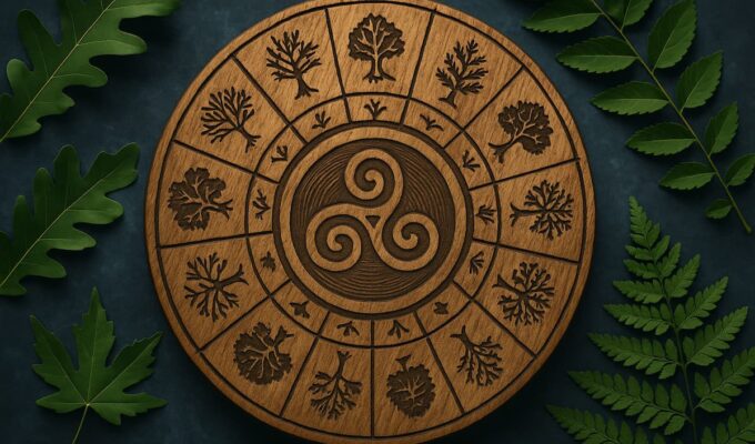 Ilustración vertical con símbolos de astrología celta y un fondo natural en tonos verdes.