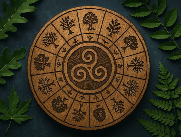 Ilustración vertical con símbolos de astrología celta y un fondo natural en tonos verdes.